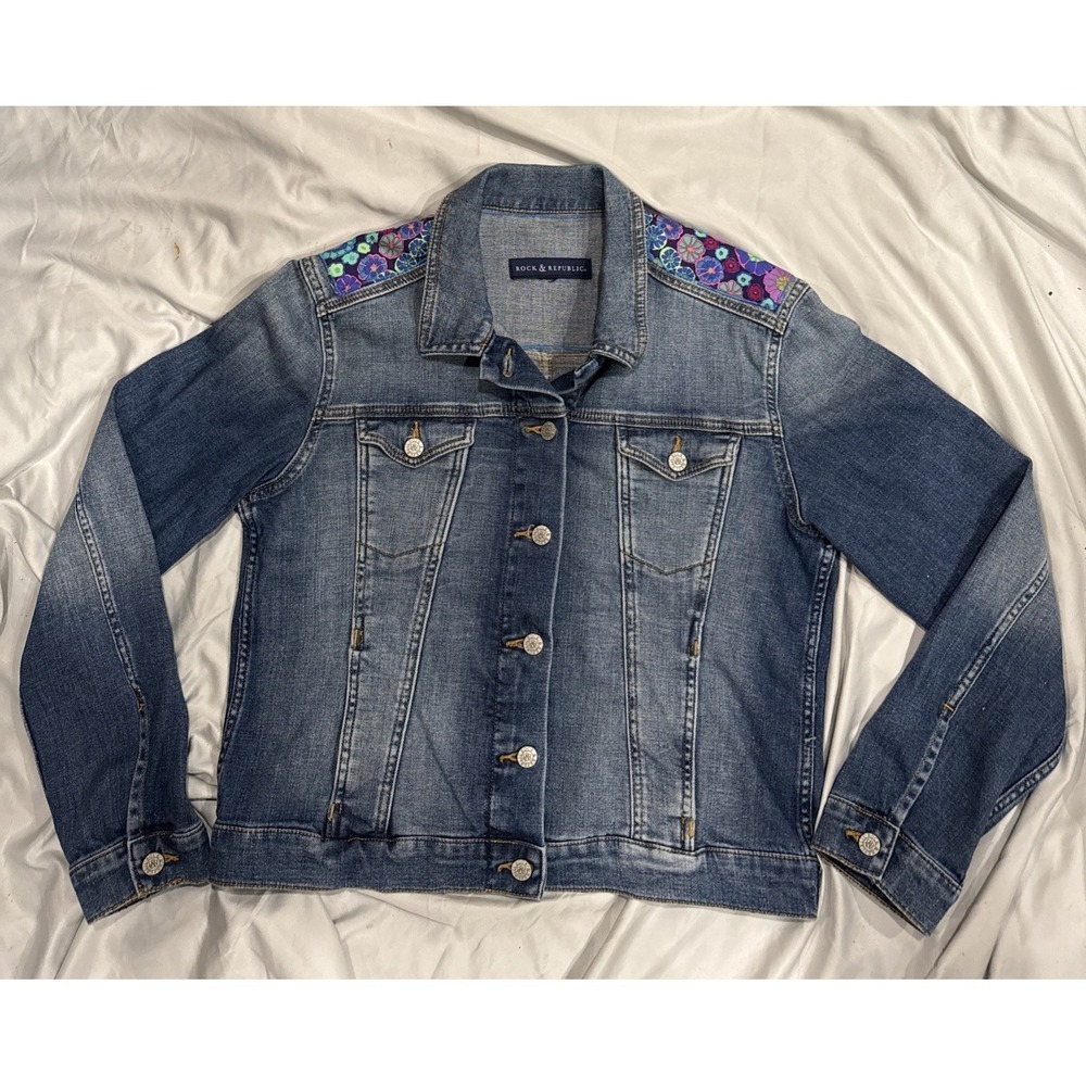 Rock Republic Run Away Womens XL Flower Print Denim Jacket Trucker Y2K  Med Wash